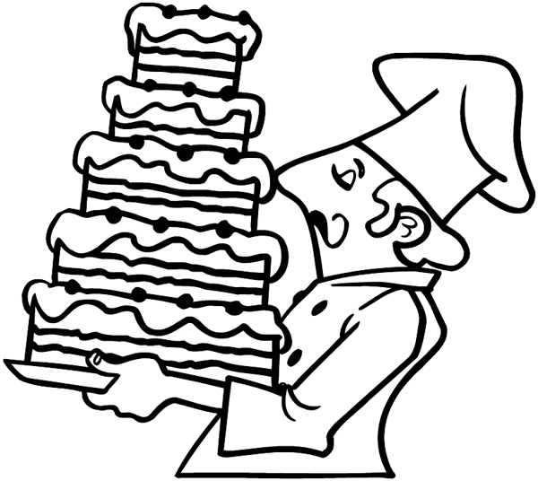 Baker carrying five tiered layer cake vinyl sticker. Customize on line.       Bakers 007-0170  
